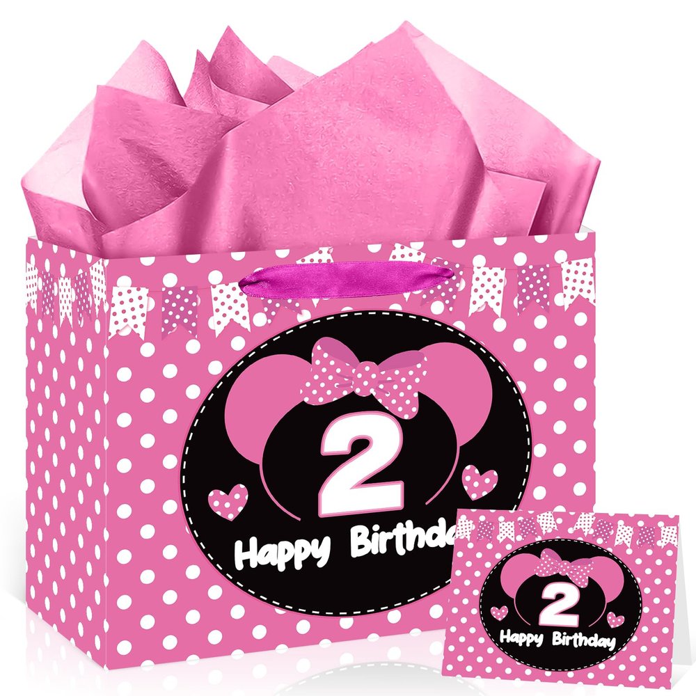 Cartoon Mouse 2nd Birthday Gift Bag Black Pink Mouse 2nd Birthday Bag with Tissue Paper and Card Polka Dots Bow Two Years Old Gift Wrapping Paper Bags for Baby Girls Shower Princess 2 Year Old Decor