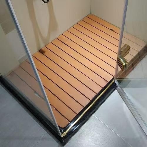 Teak Wood Shower Floor Mat, Customizable with Anti-Slip Feature and Center Drain Hole, Ideal for Shower/Tiled Floor