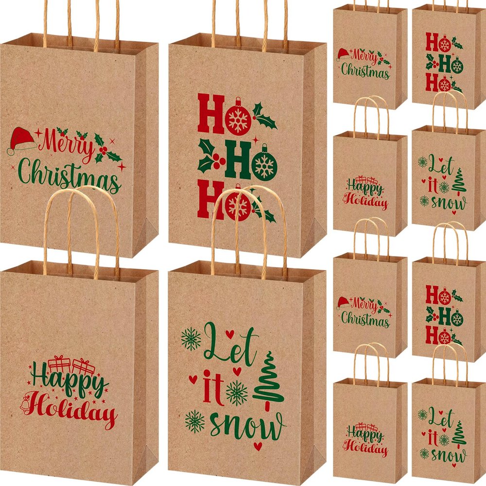 AmazingSpark 48 Pcs Christmas Kraft Gift Bags with Handles 4 Designs 5.91 x 3.15 x 8.27 Inches Xmas Paper Goody Bags Bulk for Treat Red and Green Holiday Party Favors Decoration Supplies(Modern)