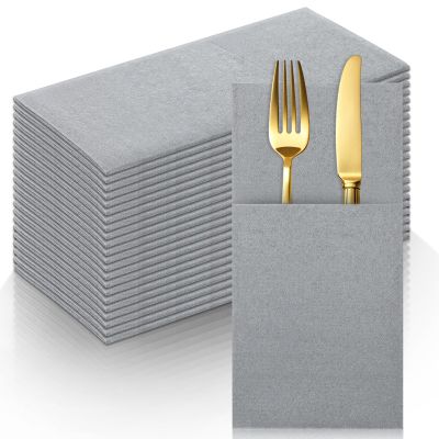 50 Pack Gray Linen Feel Napkins with Pocket, 2 Ply Gray Wedding Napkins, Decorative Dinner Napkin Paper, Prefolded Paper Disposable Airlaid Guest Hand Towel for Silverware Wedding Party Christmas