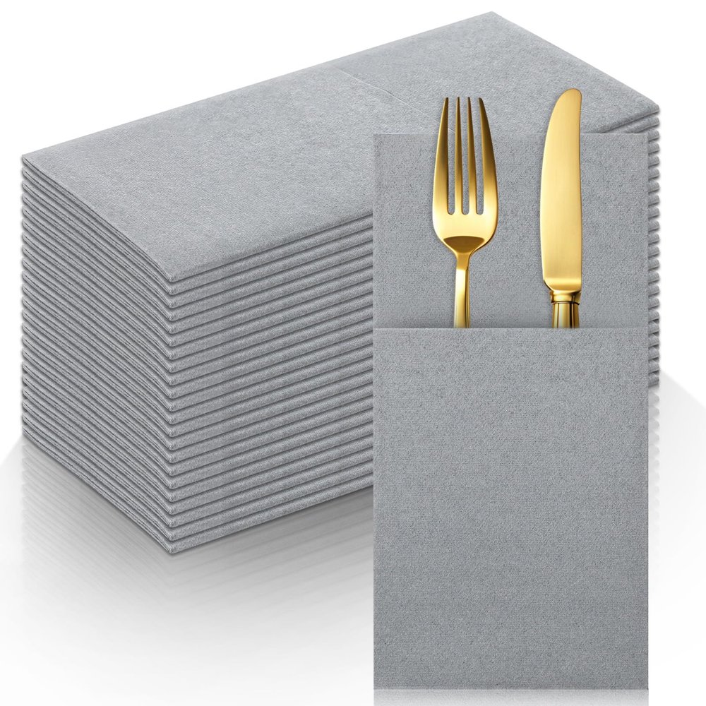 50 Pack Gray Linen Feel Napkins with Pocket, 2 Ply Gray Wedding Napkins, Decorative Dinner Napkin Paper, Prefolded Paper Disposable Airlaid Guest Hand Towel for Silverware Wedding Party Christmas