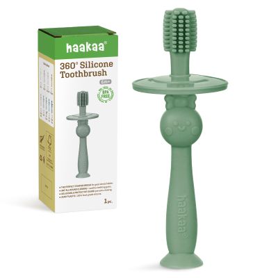 haakaa 360 Baby Toothbrush with Suction Base - Gentle Cleaning for Toddler's Self-Brushing Training, Food-Grade Silicone, Adjustable Safety Shield - Jade (1 Piece)