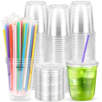 100PCS 12 oz Clear Plastic Cups with Lids and Colorful Straws, Round Bottom Disposable To Go Coffee Smoothie Juice Bubble Tea Cups, Small PET Party Cups for Holiday, Picnics, Takeout, Party, Office