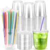 100PCS 12 oz Clear Plastic Cups with Lids and Colorful Straws, Round Bottom Disposable To Go Coffee Smoothie Juice Bubble Tea Cups, Small PET Party Cups for Holiday, Picnics, Takeout, Party, Office view 1