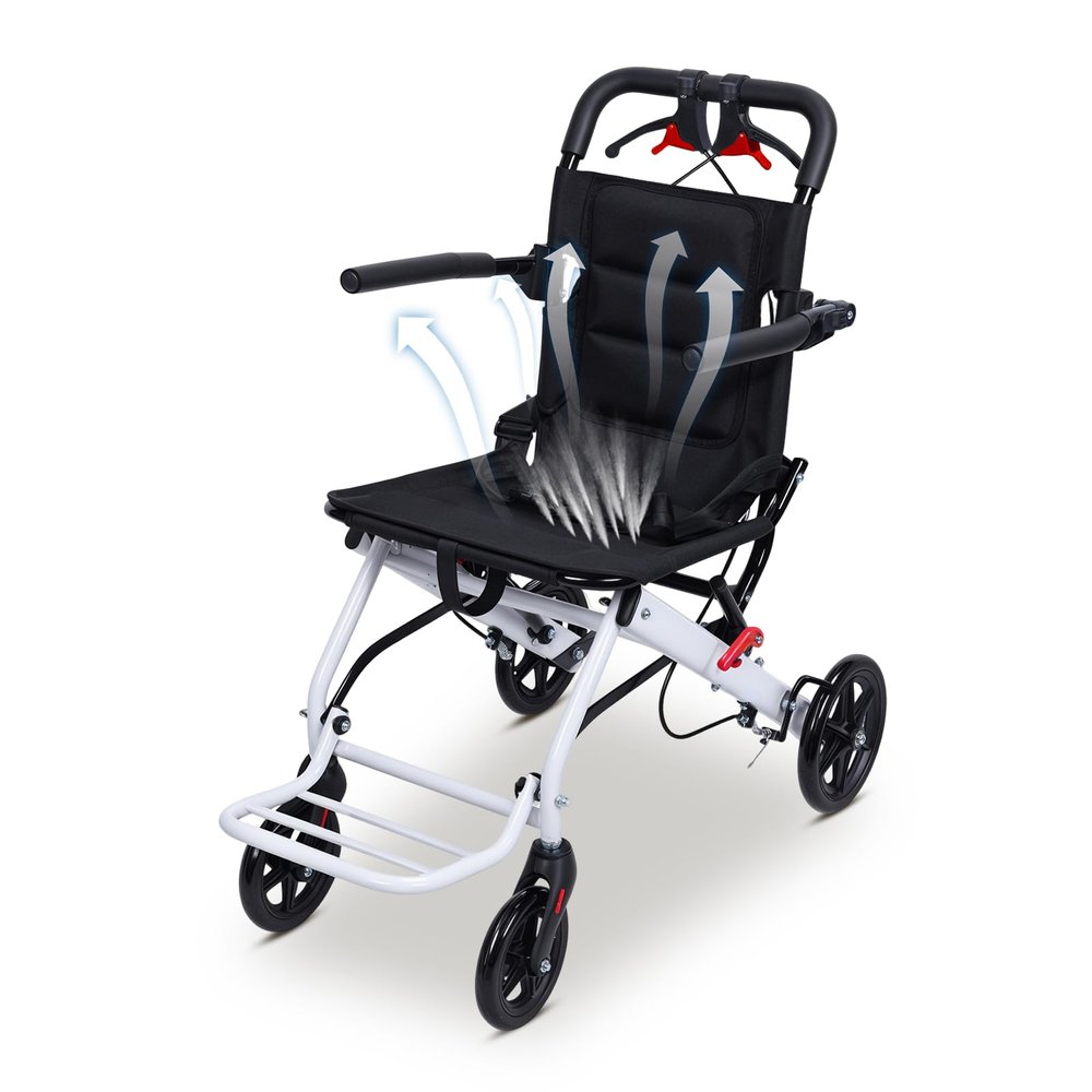 Folding Wheelchair Lightweight Portable Transit Travel Chair for Adults, Ergonomic Design with Adjustable Safety Strap, Carbon Steel Frame, PU Wheels, Smooth Ride, 8.2KG Weight, 200 lbs Capacity (S)
