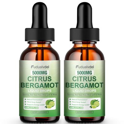 2 Packs 5000mg Citrus Bergamot Liquid Drops,Reduce Triglycerides Bergamot Supplement for High Cholesterol, Immune Support for Anti Aging,Antioxidant,Lime Bitter,Natural Olive Leaf Extract,4 Fl Oz