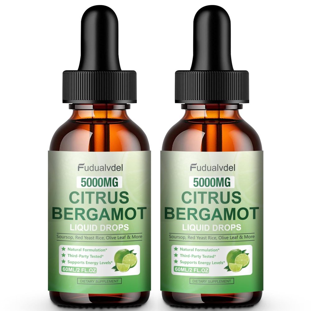 2 Packs 5000mg Citrus Bergamot Liquid Drops,Reduce Triglycerides Bergamot Supplement for High Cholesterol, Immune Support for Anti Aging,Antioxidant,Lime Bitter,Natural Olive Leaf Extract,4 Fl Oz