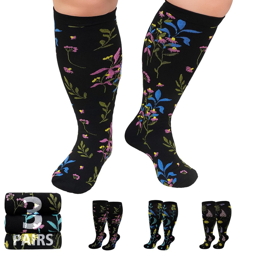 AMITOFO Plus Size Compression Socks 20-30mmHg Wide Calf for Men Women, Extra Large Compression Stockings Support for Running, Travel, Nurses, Pregnancy (3 Pairs)