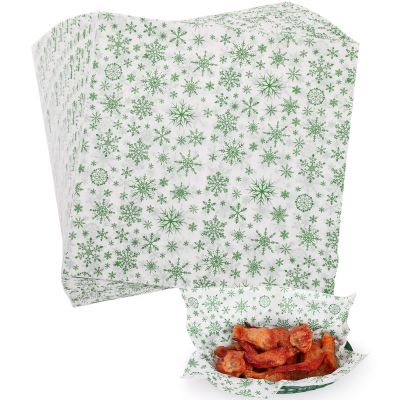 GeeRic Waxed Deli Paper Sheets 100 Pcs, Merry Christmas Food Basket Liners for Sandwiches Fries 12 * 12 Inch,X'Mas Burgers Deli Wrap Wax Paper Sheets Snowflakes Green