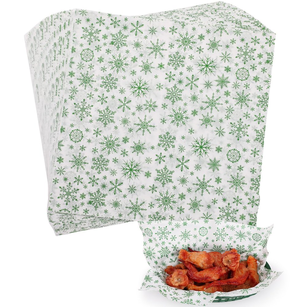 GeeRic Waxed Deli Paper Sheets 100 Pcs, Merry Christmas Food Basket Liners for Sandwiches Fries 12 * 12 Inch,X'Mas Burgers Deli Wrap Wax Paper Sheets Snowflakes Green