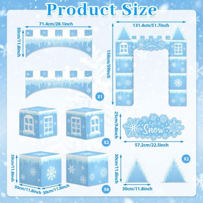 12Pcs Winter Princess Castle Favor Boxes Snowflake Party Playhouse Decorations Winter Snow Themed Princess Party Fort Cardboard Blue Castle Set for Birthday Holiday Indoor Outdoor Decor