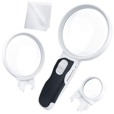 Portable LED Illuminated Magnifying Glass Set. Magnifier with Lights Compatible with Seniors, Macular Degeneration, Maps, Jewelry, Coins, Watch Computer Repair, Hobbies, Stamps (3Lens (2.5X + 5