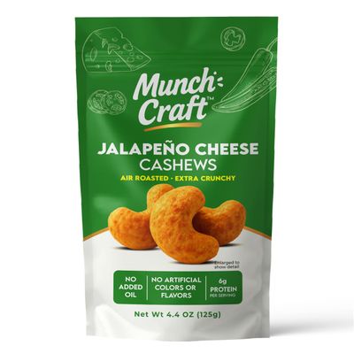 Munch Craft Gourmet Jalapeo Cheese Cashews Perfectly Balanced Flavor (Savory Cheddar & Zesty Heat) Extra Crunchy Air-Roasted Nuts, Oil-Free No Artificial Colors or Flavors 4.4 oz (125g) Resealable Bag