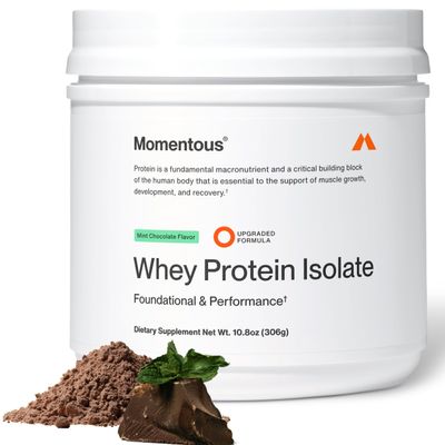 Momentous Essential Grass-Fed Whey Protein Powder - 20 g Whey Isolate Protein - NSF Certified for Sport - Gluten-Free - 12 Servings for Essential Everyday Use - Mint Chocolate - Package May Vary