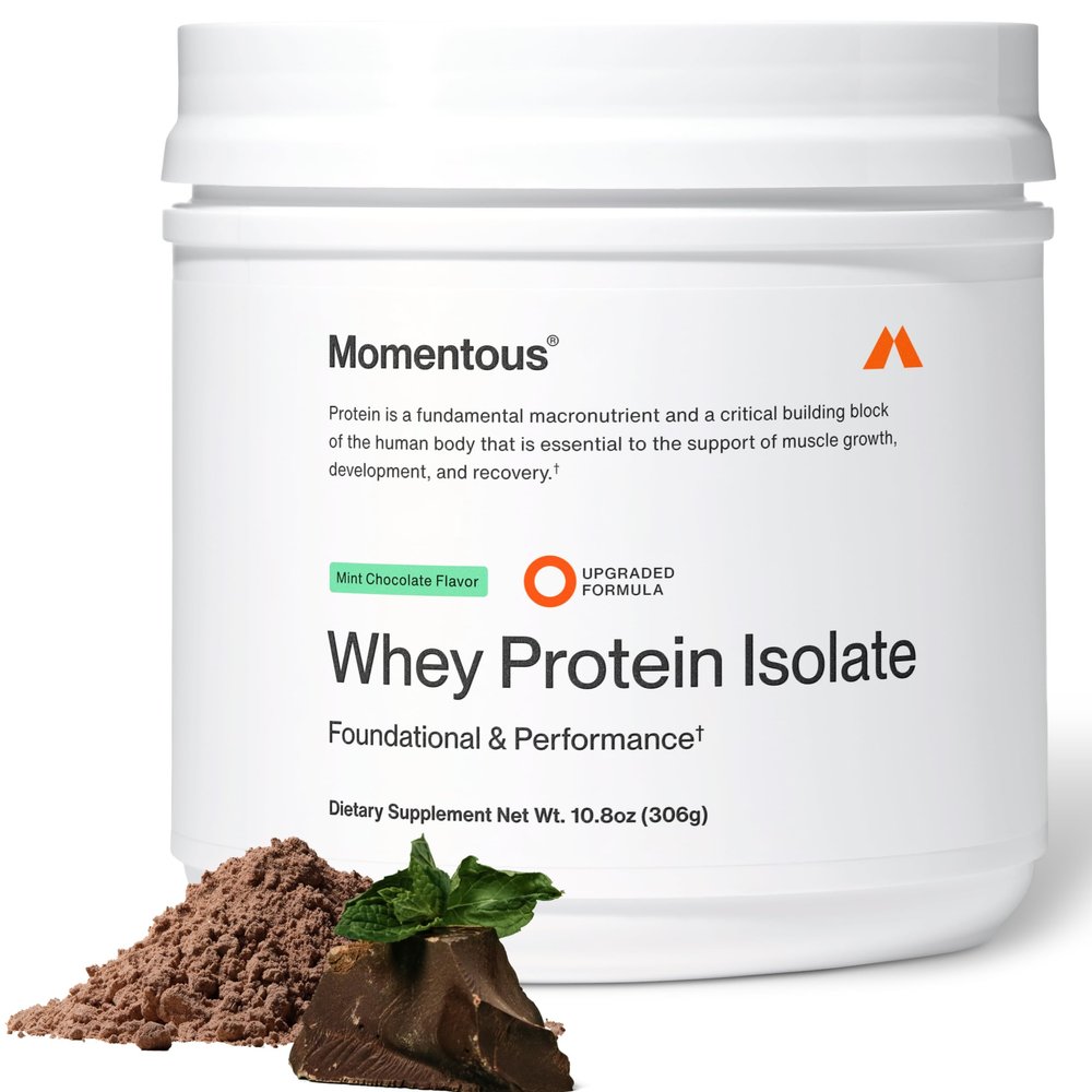 Momentous Essential Grass-Fed Whey Protein Powder - 20 g Whey Isolate Protein - NSF Certified for Sport - Gluten-Free - 12 Servings for Essential Everyday Use - Mint Chocolate - Package May Vary