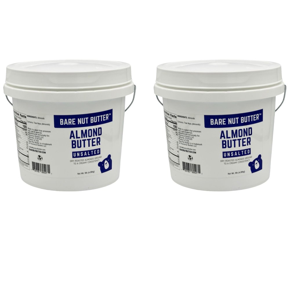 Bare Nut Butter Unsalted Almond Butter, Creamy Dry Roasted California Almonds, 100% Natural, No Added Oils, No Added Sugars, No Preservatives Bulk 9 lb Pail (Same as 9 1lb Jars) (2 pack)
