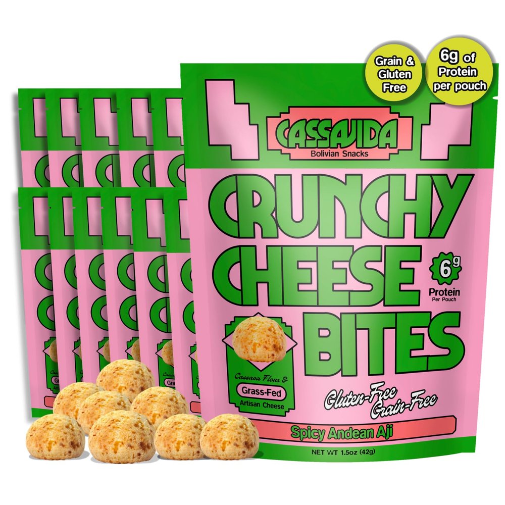 Cassavida Spicy Gluten Free Snack Crunchy Cassava Cheese Bites, Andean Aji Grain Free, Twice-Baked, No Seed Oils, Grass-Fed Bolivian Cuap (1.5 oz, Pack of 12)