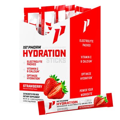 1st Phorm Hydration Sticks, Strawberry Flavor, Electrolyte Powder Drink Mix with Vitamin D and Calcium, Sugar Free On the Go Travel Packets, Daily Electrolytes and Workout Support, 20 Count
