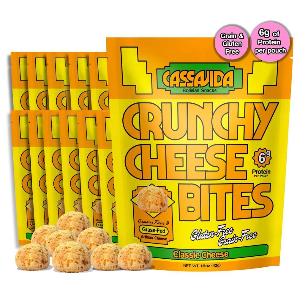 Cassavida Gluten Free Cheese Snack Crunchy Cassava Cheese Bites, Classic Cheese Grain Free, Twice-Baked, No Seed Oils, Grass-Fed Bolivian Cuap (1.5 oz, Pack of 12)