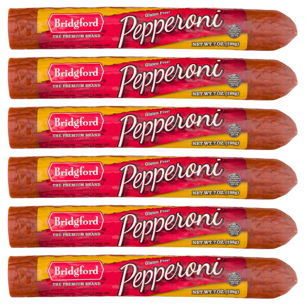 Bridgford Pepperoni Slicing Stick, 7 oz Pack of 6 - Naturally Smoked Pepperoni Stick for Pizza, Sandwiches and Charcuterie - High Protein, Zero Carb, Ready-to-Eat, Keto Snack for On-the-Go Snacking