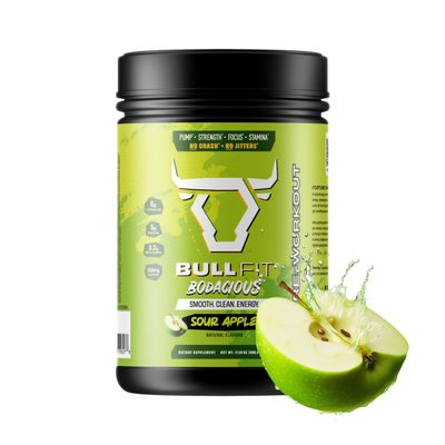 BULLFIT Pre Workout Powder, Support for Men & Women, L Citrulline, Creatine, Beta Alanine & Electrolytes, Powdered Drink Mix with No Sucralose & Zero Sugar, 20 Srvgs (20 SRV, Sour Apple)