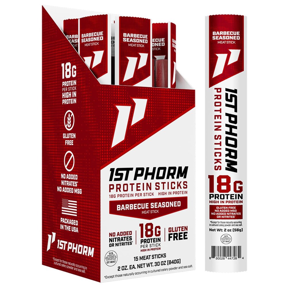 1st Phorm Meat Sticks, Seasoned BBQ Protein Snacks, 18g Protein Per Serving, Pork & Beef Sticks, Healthy Snacks On The Go, Gluten Free, Low Carb, Low Sugar, No Added MSG or Nitrates, 15 Count