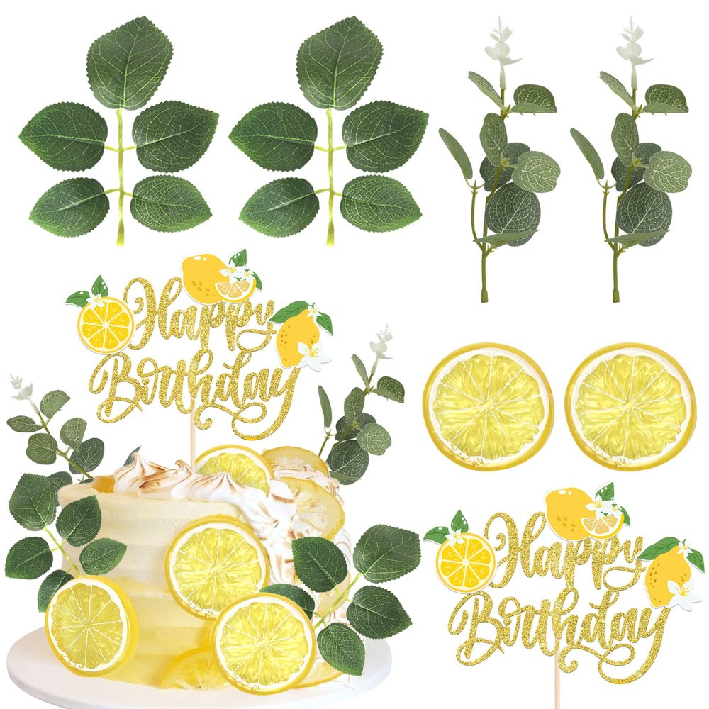 Rsstarxi Happy Birthday Cake Topper Decorations with Juicy Lemon Slices Leaves Cake Pick Decorations for Baby Shower Birthday Party DIY Cake Decorations