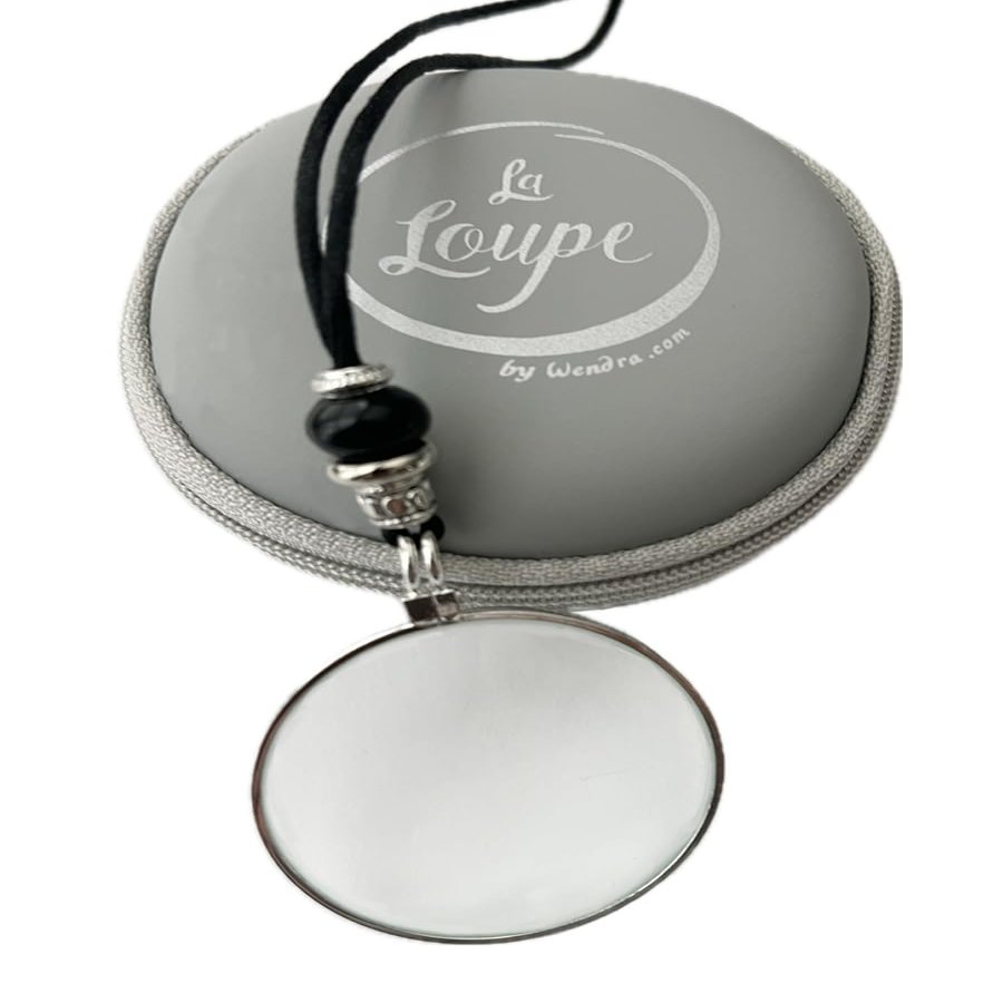 10X Magnifying Glass Necklace, Silver Magnifier Pendant, Powerful Optical Magnifier with Black Agate Healing Gem Stone Crystal on Satin Cord. for Reading, Shoping, Sewing.