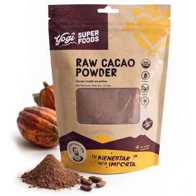 Yogi Super Foods Organic Raw Cacao Powder from Guatemala Unsweetened Non-Alkalized Chocolate Powder for Smoothies, Baking & Hot Chocolate Vegan, Gluten-Free Superfood 8 oz