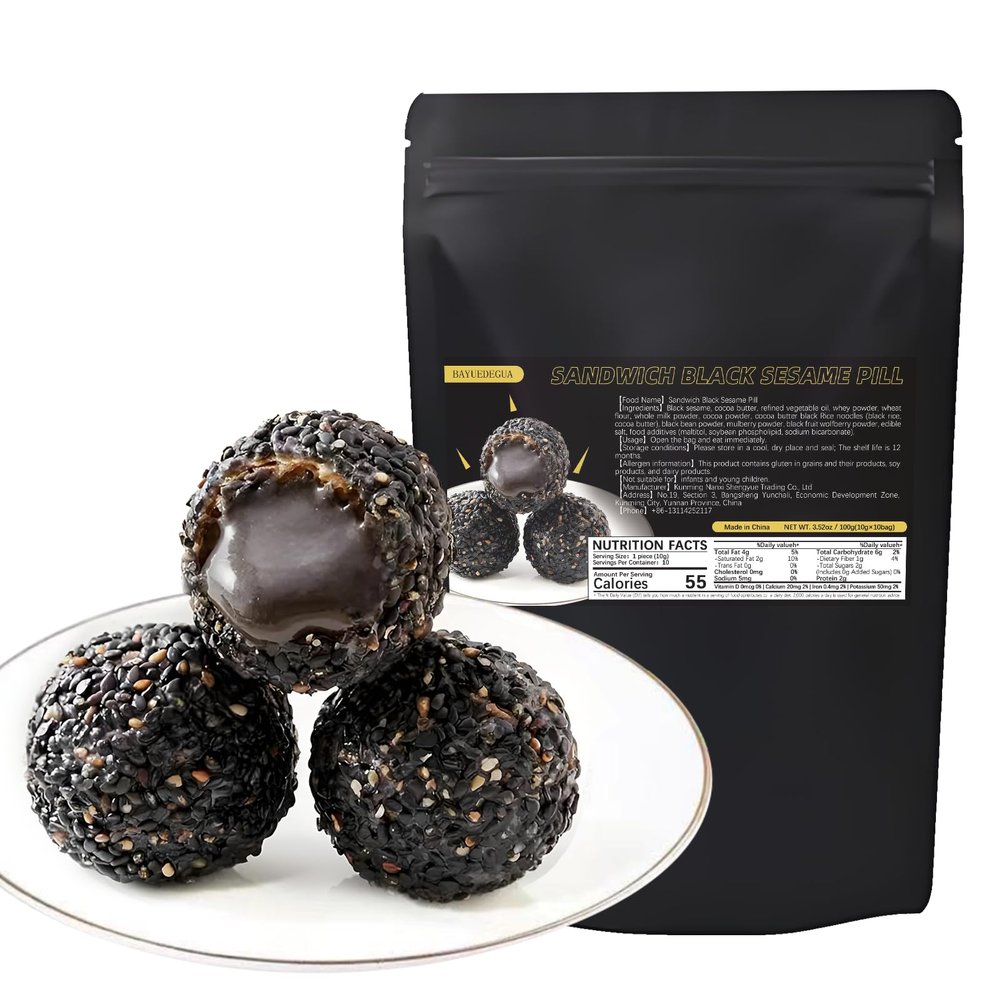 BAYUEDEGUA-Sandwich Black Sesame Pill 100g/3.52oz Black Sesame+Black Beans+Black Rice+Black Mulberry+Black Goji Berry,Nutritious snack,Crispy outside and tender inside.Contains 10 small bags.