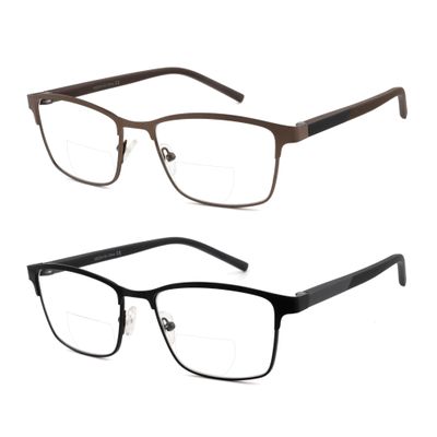 FEIVSN 2 Pack Mens Bifocal Reading Glasses Bi Focal Matel Rectangle Readers Spring Hinge Far/Near Dual-use Eyeglasses, Black + Brown Frame, +2.00