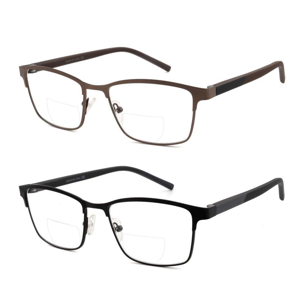FEIVSN 2 Pack Mens Bifocal Reading Glasses Bi Focal Matel Rectangle Readers Spring Hinge Far/Near Dual-use Eyeglasses, Black + Brown Frame, +2.00