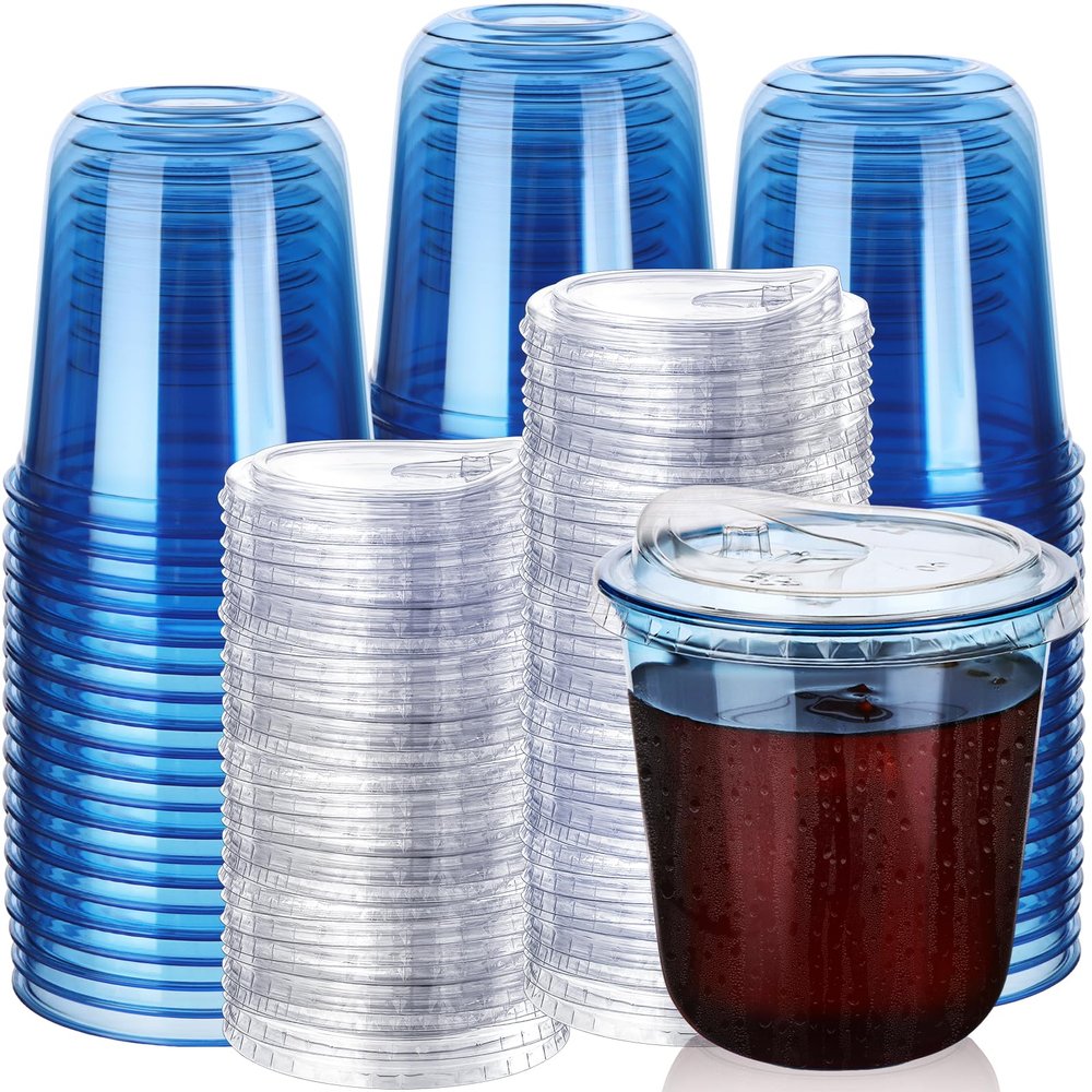 100 Sets Disposable Stemless Glasses With Strawless Sip Lids,PET Drinking Cups,Clear Plastic Coffee Cup for Iced Coffee, Smoothie, Cold Beverage, Drink Shop and Christmas Party Supply (Blue, 12 oz)