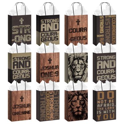 Wovnet 24 Pcs Christian Gift Bags for Men Religious Gifts Bags with Handle 24 Tissues Man of God Paper Gift Bag Inspirational Scripture Courageous Strong Lion for Bibles Church Party Favors