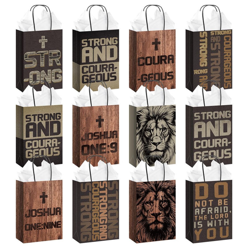 Wovnet 24 Pcs Christian Gift Bags for Men Religious Gifts Bags with Handle 24 Tissues Man of God Paper Gift Bag Inspirational Scripture Courageous Strong Lion for Bibles Church Party Favors