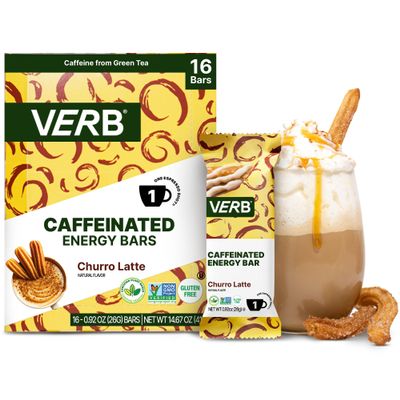 Verb Caffeinated Energy Bars Churro Latte (26g, Pack of 16) 110-Calorie Delicious Low Sugar Energy Bar - Vegan Gluten Free On-the Go Snack with 80mg Green Tea Caffeine, Only Real-Food Ingredients