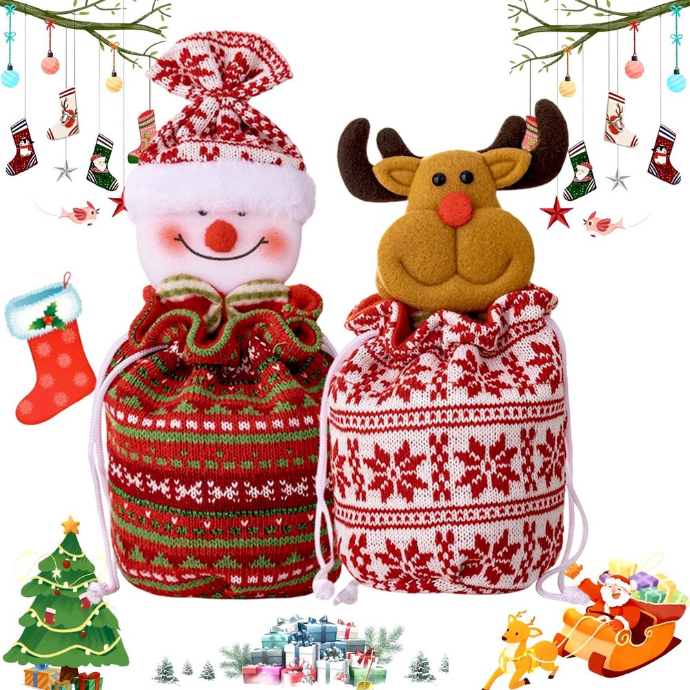 Christmas Knitted Doll Gift Bags, Christma Doll Storage Bag, Christmas Gift Bags Zipper Design, Cute Large Space Christma Candy Bag, Durable and Reliable for Presents Candy Fruit (2pcs-D)