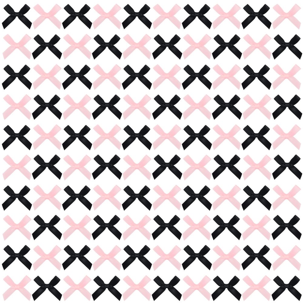 100PCS Mini Bows for Crafts, Black and Pink Small Ribbon Bows for Gift Wrapping Wedding Cake Decoration Card Making Party Decor
