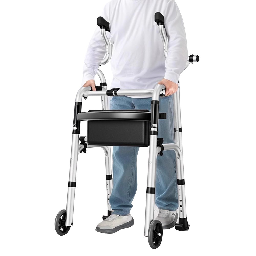 Foldable Upright Walker with Seat and 2 Removable Wheels, Adjustable Height and Handrails, Weight Capacity 400 Lbs