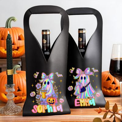 callie Wine Carrier, Custom Cartoon Ghost PU Leather Protective Wine Bag with Name, Halloween Party Gift for Wine Lovers