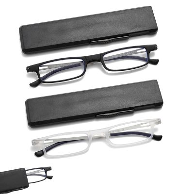 OWTXIS Ultra thin Folding Reading Glasses for Women Men Compact TR90 Blue Light Blocking Readers with Portable Slim Flat case (Black, Transparent, +2.25)