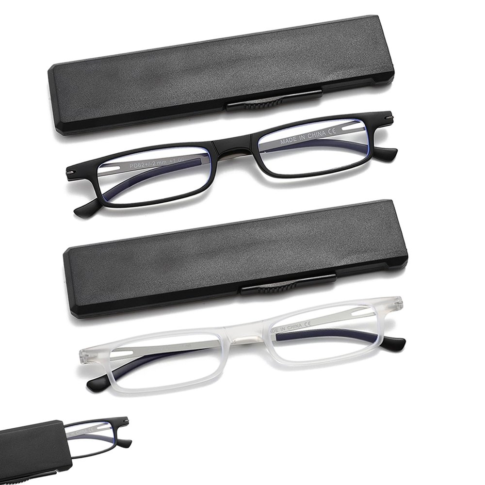 OWTXIS Ultra thin Folding Reading Glasses for Women Men Compact TR90 Blue Light Blocking Readers with Portable Slim Flat case (Black, Transparent, +2.25)