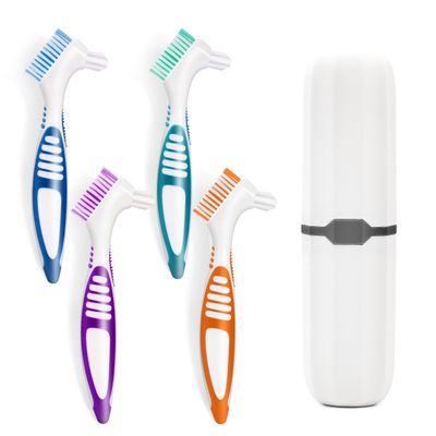 4 Pcs Denture Brush Set for False Teeth with White Carrying Case, Denture Toothbrushes with Double Sided Design, Dental Brush with Multi-Layered Soft Bristles and Rubber Anti-Slip Handle, 4 Colors