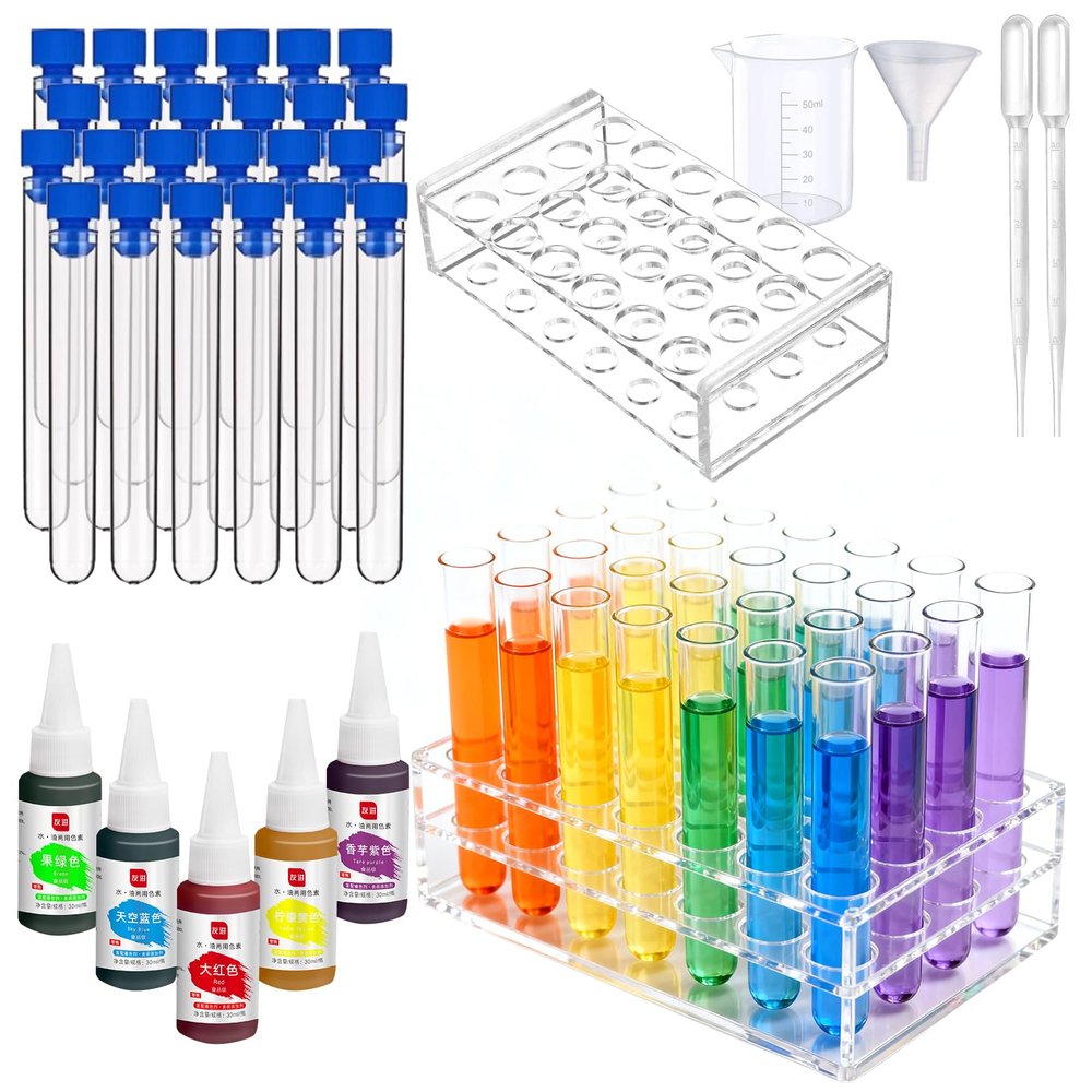 24 Pack Halloween Party Test Tube Drink Set with Rack, 10ml Plastic Tubes equipped with Caps, Funnels & 5 pcs Food Color Dyes for Drink Mixing, Science Experiments, and Creative Beverage Decor