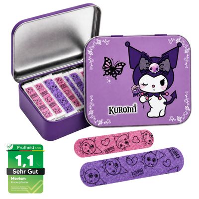 Kuromi Kids Bandages Licensed Product Metal Case with 24 Bandages Cute Design Storage Box for Children Portable First Aid Kit for Backpack & Purse
