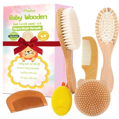 6 Piece Baby Hair Brush & Comb Set, Natural Bamboo & Goat Bristle for Cradle Cap Care, Newborn to Toddler Grooming Kit with Silicone Scrubbers for Scalp Massage