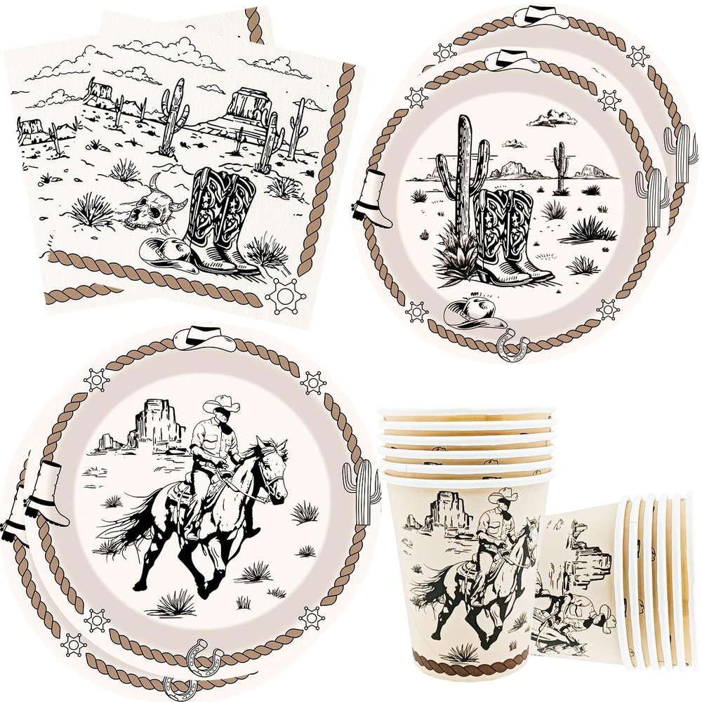 100Pcs Western Cowboy Party Supplies 9"Cowboy Paper Plates 7"Western Party Plates and Napkins Cups for Rodeo Bachelor Theme Baby Shower Barn Wild West Cowboy Ranch Birthday Party Decor Serve25 (pink)