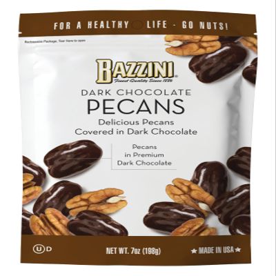 Bazzini Dark Chocolate Pecans, Gourmet Pecans Coated in Rich Dark Chocolate, Kosher, Since 1886 Gourmet Nut Snack, Made in USA (7oz Pouch)