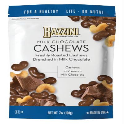 Bazzini Milk Chocolate Cashews, Gourmet Cashews Coated in Rich Milk Chocolate, Kosher, Since 1886 Gourmet Nut Snack, Made in USA (7oz Pouch)
