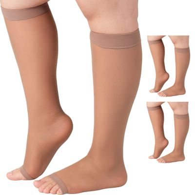 Absolute Support Women's Sheer Open Toe Knee High Graduated Compression Socks 20-30 mmHg for Swelling, Varicose Veins, Pregnancy & All-Day Wear, 3 Pack, Beige, X-Large